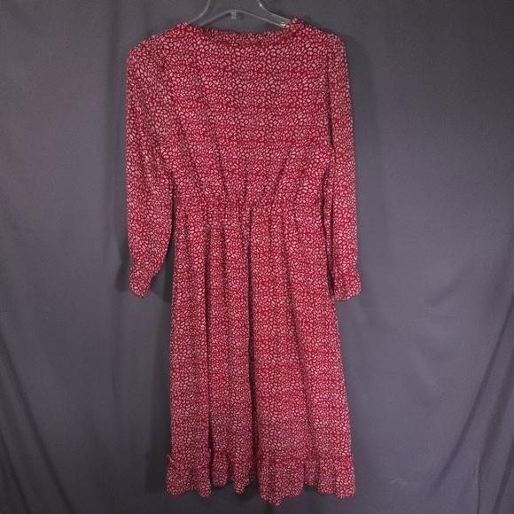 Mopogoss Chiffon Ruffle Dress Size Large Red and White Leopard Print Long Sleeve - Picture 7 of 13